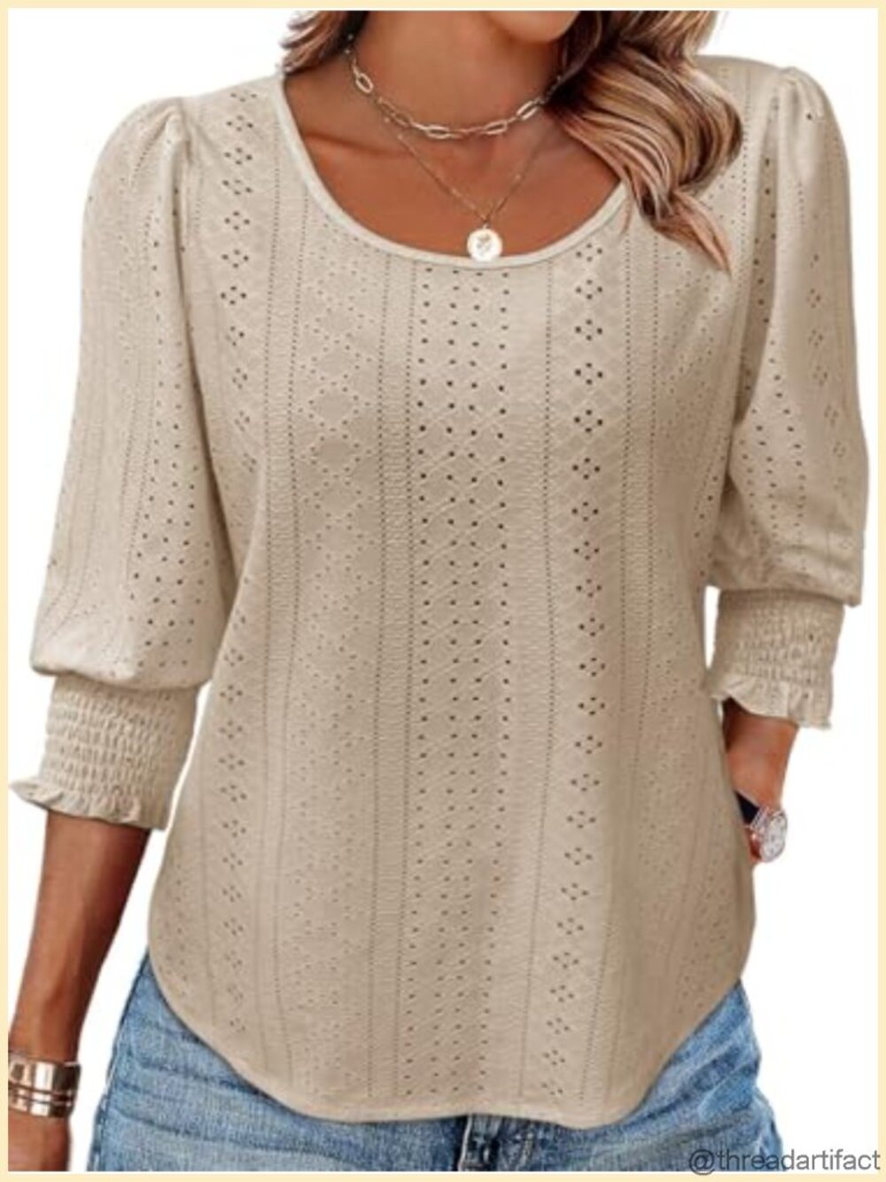 Womens 3/4 Sleeve Eyelet Blouse Smocked Cuff Loose Fit Dressy Casual Top